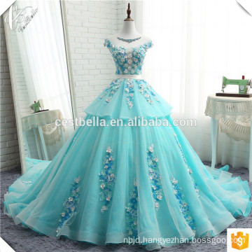 Real Picture Wedding Gown New Arrival Tiered Puffy Wedding Dress Top Beaded Colorful Tulle Ball Gown Sky Blue Wedding Dress